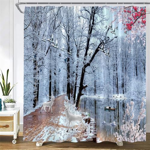 PEKMAR Duschvorhänge mit Skimotiven, Seilbahn auf einem Skigebiet mit Tannenwald in verschneiten Bergen, Stoff-Badevorhang-Set, 469CY, 120 x 180 cm, 47 x 70 Zoll von PEKMAR