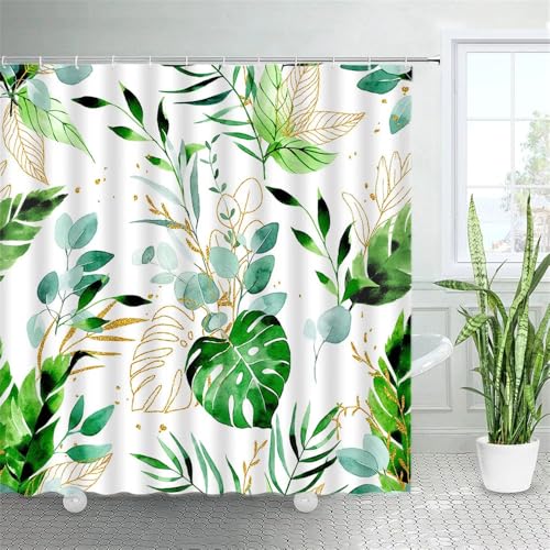 PEKMAR Duschvorhänge mit schwarzen Blättern, Tropische Pflanzen, Palmblatt-Tintenkunst, Stoff, Badezimmerdekor, Badevorhang-Sets, 4951AF, 180 x 180 cm, 70 x 70 Zoll von PEKMAR