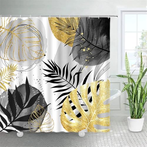 PEKMAR Duschvorhänge mit schwarzen Blättern, Tropische Pflanzen, Palmblatt-Tintenkunst, Stoff, Badezimmerdekor, Badevorhang-Sets, 4965AF, 180 x 180 cm, 70 x 70 Zoll von PEKMAR