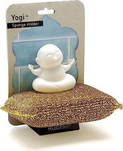 PELEG DESIGN - Schwammhalter Yogi | Lustiges Spülschwamm Abtropfgestell | Küchen Organizer | Halterung mit Saugnapf für Küche & Bad im Buddha-Stil | Mit goldenen Schwamm | Geschenk für Geburtstag von PELEG DESIGN