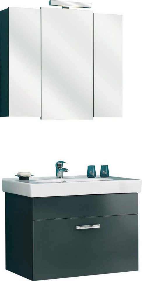 Saphir Badmöbel-Set Quickset 2-teilig, Keramikwaschtisch mit LED-Spiegelschrank, Bad-Set, (2-St), Waschplatz 83 cm breit, 3 Türen, 1 Schublade, inkl. Türdämpfer von Saphir