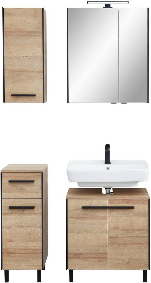 Saphir Badmöbel-Set Quickset 395 4-teilig, Waschbeckenunterschrank mit LED-Spiegelschrank, (4-St), Unterschrank, Hängeschrank inkl. Türdämpfer, 6 Türen, 1 Schublade von Saphir