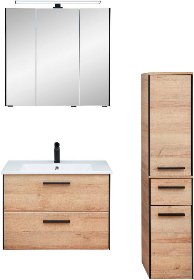 Saphir Badmöbel-Set Quickset 395 3-teilig, Keramikwaschtisch mit LED-Spiegelschrank, (5-St), Midischrank, inkl. Türdämpfer, 5 Türen, 3 Schubladen, Bad-Set von Saphir