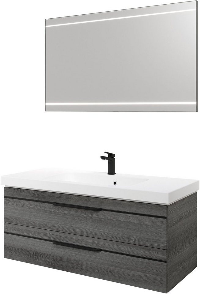 Saphir Badmöbel-Set Balto 2-teilig Mineralmarmor-Waschtisch mit LED-Spiegel, 123 cm breit, (2-St), Waschplatz mit 2 Schubladen, Badschrank inkl. Schubladendämpfer von Saphir