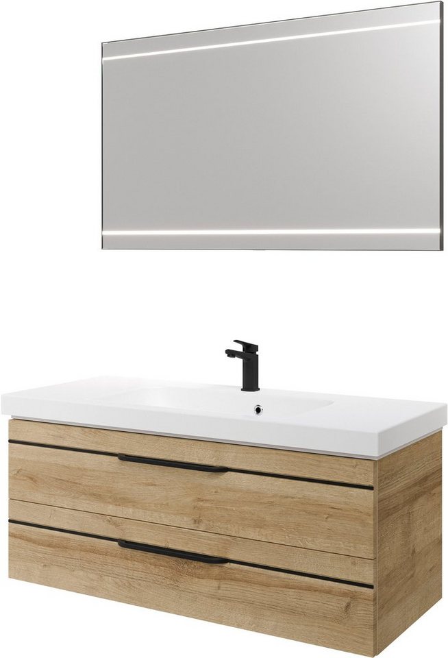 Saphir Badmöbel-Set Balto 2-teilig Mineralmarmor-Waschtisch mit LED-Spiegel, 123 cm breit, (2-St), Waschplatz mit 2 Schubladen, Badschrank inkl. Schubladendämpfer von Saphir