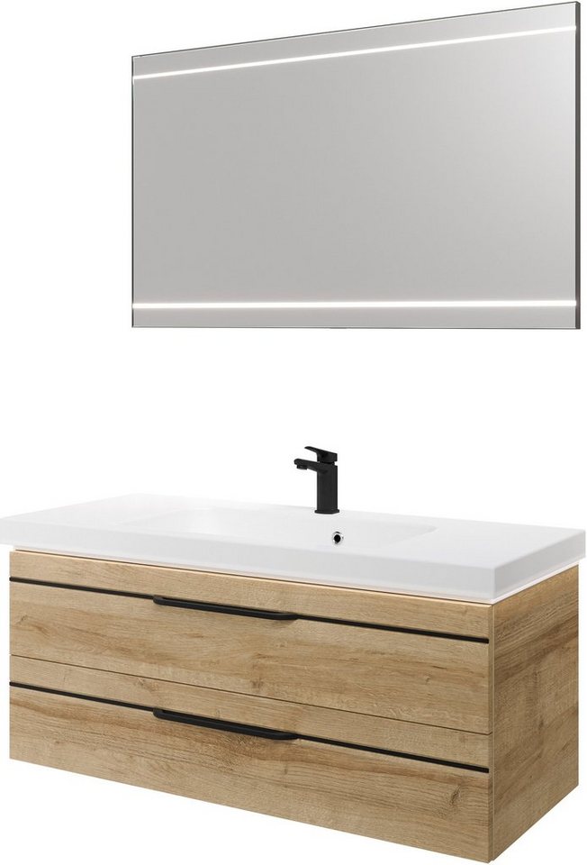 Saphir Badmöbel-Set Balto 2-teilig Mineralmarmor-Waschtisch mit LED-Spiegel, 123 cm breit, (2-St), Waschplatz mit 2 Schubladen, Badschrank inkl. Schubladendämpfer von Saphir