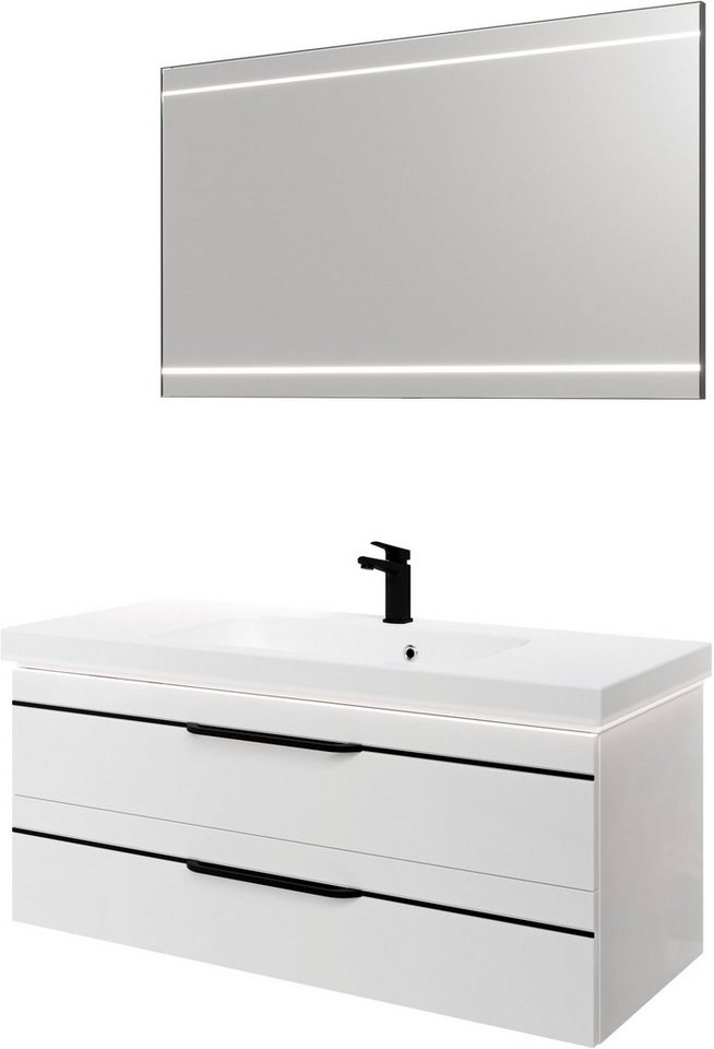 Saphir Badmöbel-Set Balto 2-teilig Mineralmarmor-Waschtisch mit LED-Spiegel, 123 cm breit, (2-St), Waschplatz mit 2 Schubladen, Badschrank inkl. Schubladendämpfer von Saphir