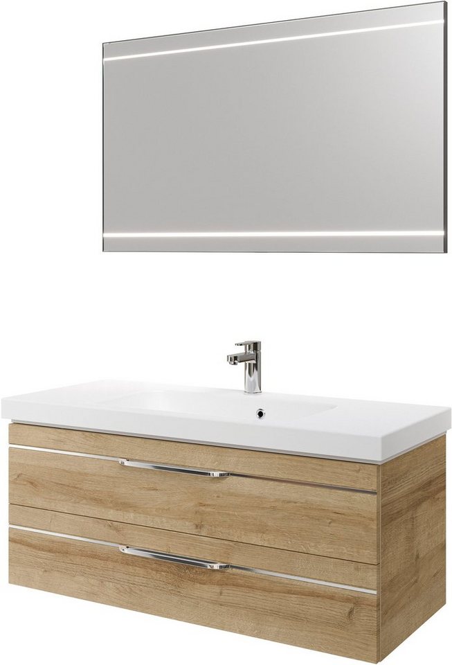 Saphir Badmöbel-Set Balto 2-teilig Mineralmarmor-Waschtisch mit LED-Spiegel, 123 cm breit, (2-St), Waschplatz mit 2 Schubladen, Badschrank inkl. Schubladendämpfer von Saphir