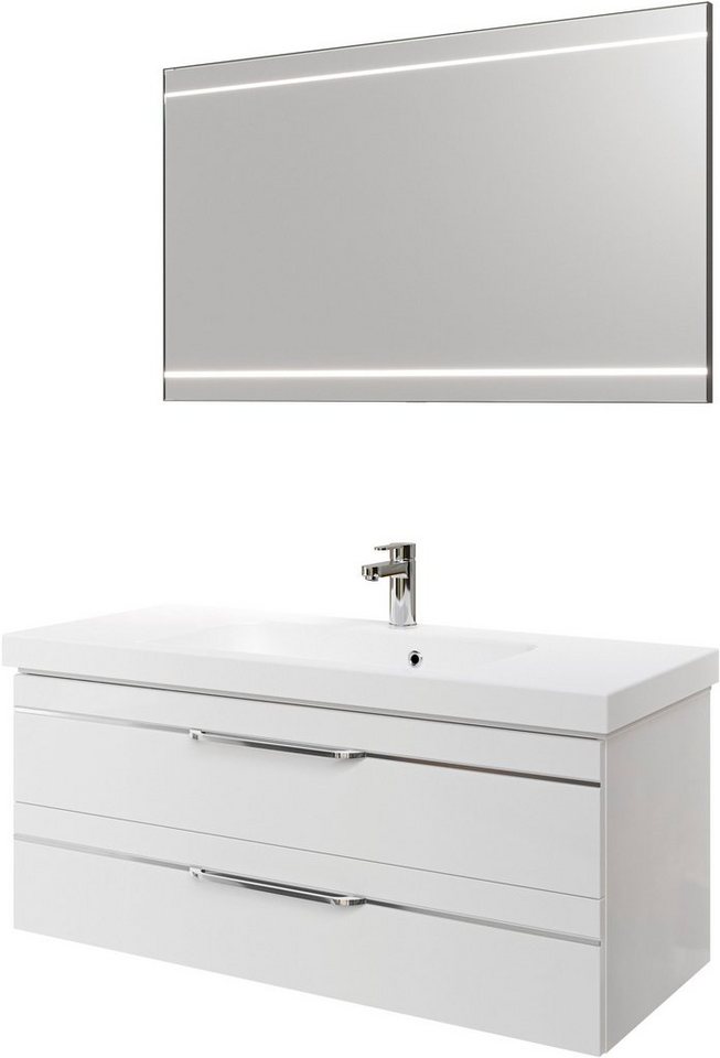 Saphir Badmöbel-Set Balto 2-teilig Mineralmarmor-Waschtisch mit LED-Spiegel, 123 cm breit, (2-St), Waschplatz mit 2 Schubladen, Badschrank inkl. Schubladendämpfer von Saphir