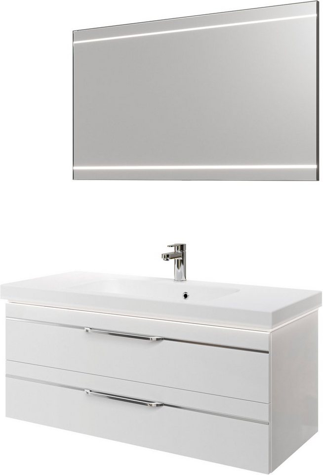 Saphir Badmöbel-Set Balto 2-teilig Mineralmarmor-Waschtisch mit LED-Spiegel, 123 cm breit, (2-St), Waschplatz mit 2 Schubladen, Badschrank inkl. Schubladendämpfer von Saphir