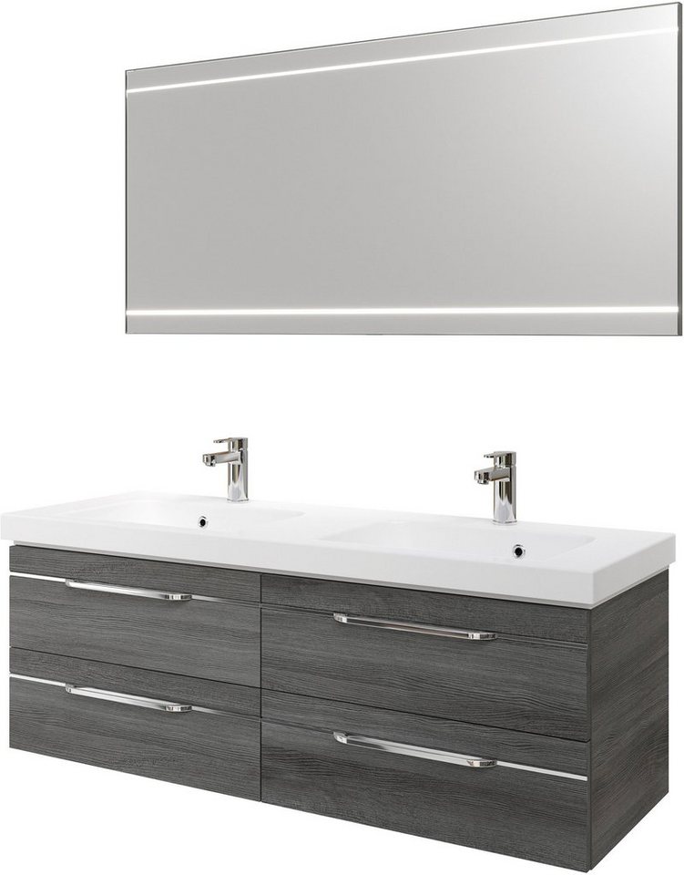 Saphir Badmöbel-Set Balto 2-teilig Mineralmarmor-Doppelwaschtisch mit LED-Spiegel, (2-St), Waschplatz 150 cm breit, 4 Schubladen, inkl. Schubladendämpfer von Saphir