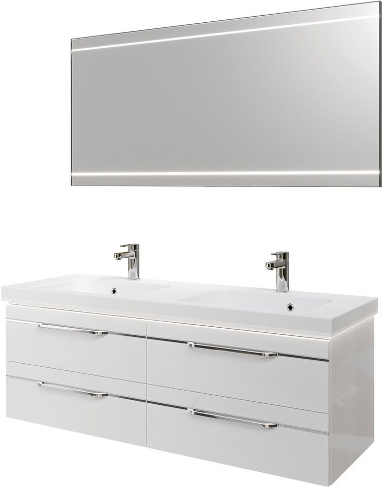 Saphir Badmöbel-Set Balto 2-teilig Mineralmarmor-Doppelwaschtisch mit LED-Spiegel, (2-St), Waschplatz 150 cm breit, 4 Schubladen, inkl. Schubladendämpfer von Saphir