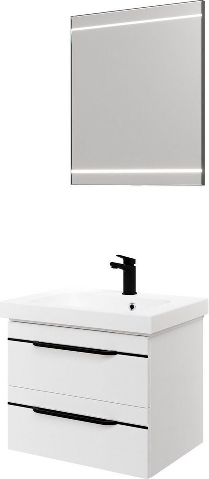 Saphir Badmöbel-Set Balto 2-teilig Mineralmarmor-Waschtisch mit LED-Spiegel, Waschplatz, (2-St), 64,4 cm breit, mit 2 Schubladen, Badschrank inkl. Schubladendämpfer von Saphir