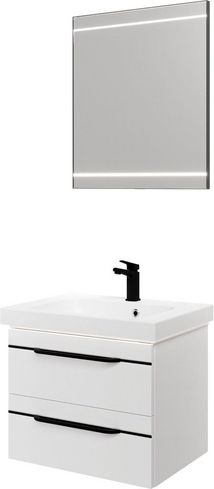 Saphir Badmöbel-Set Balto 2-teilig Mineralmarmor-Waschtisch mit LED-Spiegel, Waschplatz, (2-St), 64,4 cm breit, mit 2 Schubladen, Badschrank inkl. Schubladendämpfer von Saphir