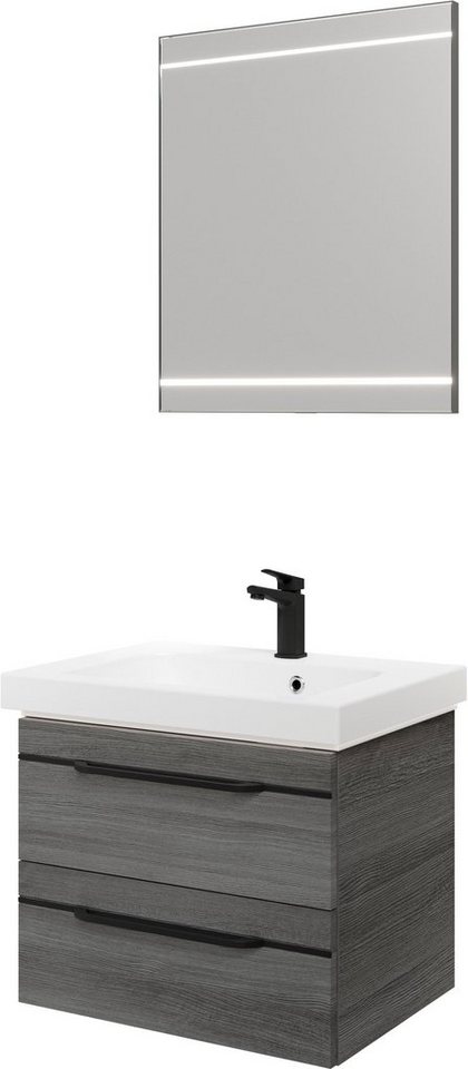 Saphir Badmöbel-Set Balto 2-teilig Mineralmarmor-Waschtisch mit LED-Spiegel, Waschplatz, (2-St), 64,4 cm breit, mit 2 Schubladen, Badschrank inkl. Schubladendämpfer von Saphir