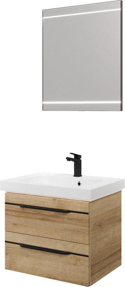 Saphir Badmöbel-Set Balto 2-teilig Mineralmarmor-Waschtisch mit LED-Spiegel, Waschplatz, (2-St), 64,4 cm breit, mit 2 Schubladen, Badschrank inkl. Schubladendämpfer von Saphir