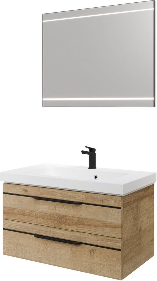 Saphir Badmöbel-Set Balto 2-teilig Mineralmarmor-Waschtisch mit LED-Spiegel, Waschplatz, (2-St), 92 cm breit, mit 2 Schubladen, Badschrank inkl. Schubladendämpfer von Saphir