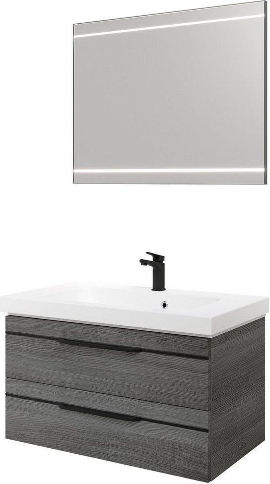 Saphir Badmöbel-Set Balto 2-teilig Mineralmarmor-Waschtisch mit LED-Spiegel, Waschplatz, (2-St), 92 cm breit, mit 2 Schubladen, Badschrank inkl. Schubladendämpfer von Saphir