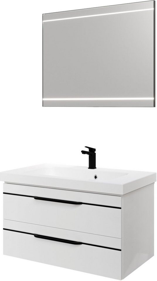 Saphir Badmöbel-Set Balto 2-teilig Mineralmarmor-Waschtisch mit LED-Spiegel, Waschplatz, (2-St), 92 cm breit, mit 2 Schubladen, Badschrank inkl. Schubladendämpfer von Saphir