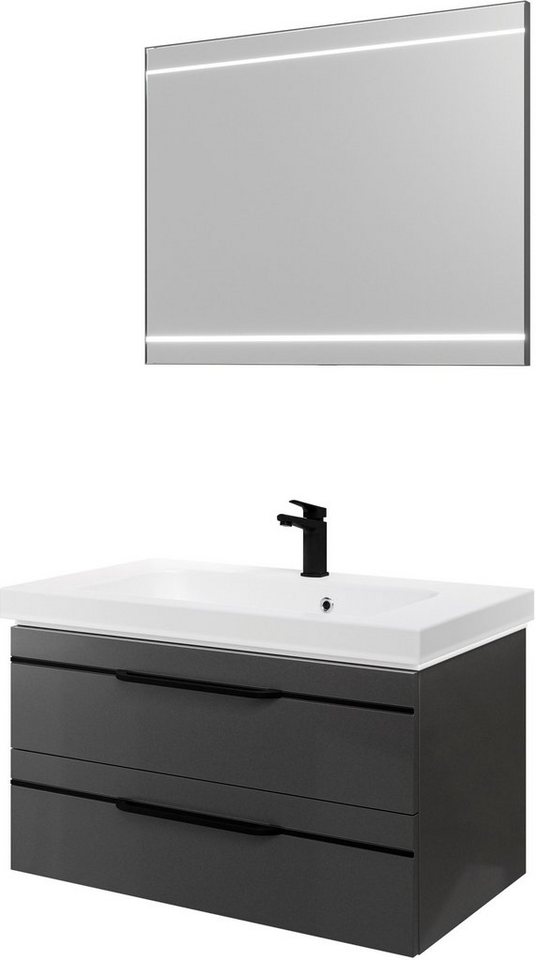 Saphir Badmöbel-Set Balto 2-teilig Mineralmarmor-Waschtisch mit LED-Spiegel, Waschplatz, (2-St), 92 cm breit, mit 2 Schubladen, Badschrank inkl. Schubladendämpfer von Saphir