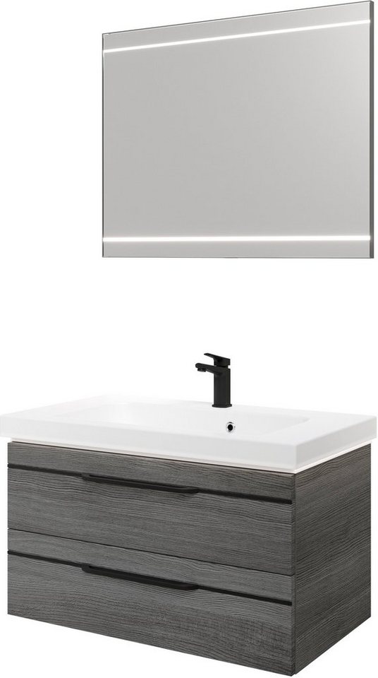 Saphir Badmöbel-Set Balto 2-teilig Mineralmarmor-Waschtisch mit LED-Spiegel, Waschplatz, (2-St), 92 cm breit, mit 2 Schubladen, Badschrank inkl. Schubladendämpfer von Saphir