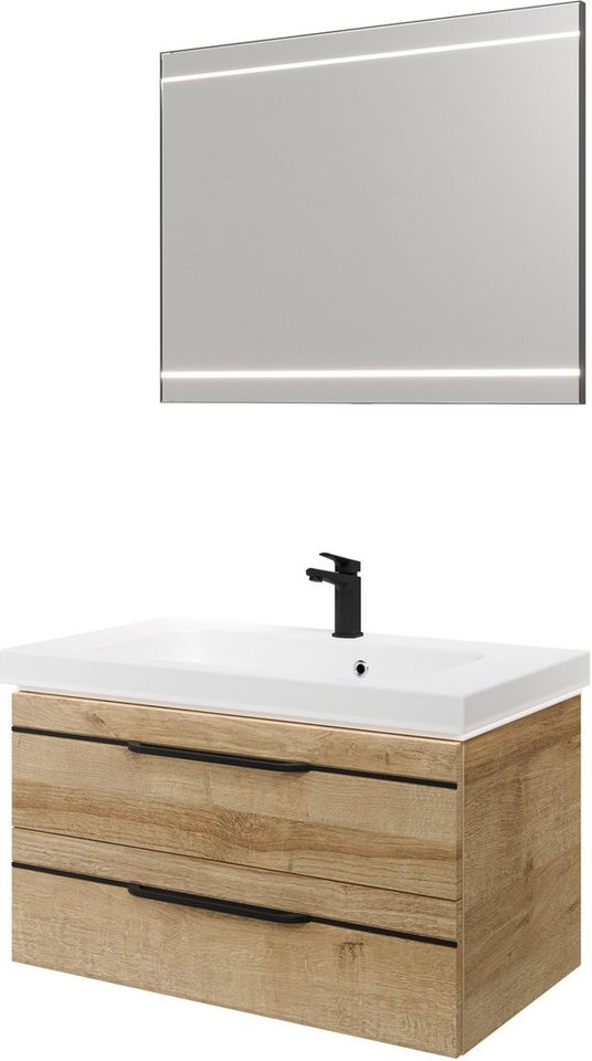 Saphir Badmöbel-Set Balto 2-teilig Mineralmarmor-Waschtisch mit LED-Spiegel, Waschplatz, (2-St), 92 cm breit, mit 2 Schubladen, Badschrank inkl. Schubladendämpfer von Saphir