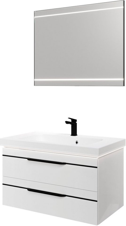 Saphir Badmöbel-Set Balto 2-teilig Mineralmarmor-Waschtisch mit LED-Spiegel, Waschplatz, (2-St), 92 cm breit, mit 2 Schubladen, Badschrank inkl. Schubladendämpfer von Saphir