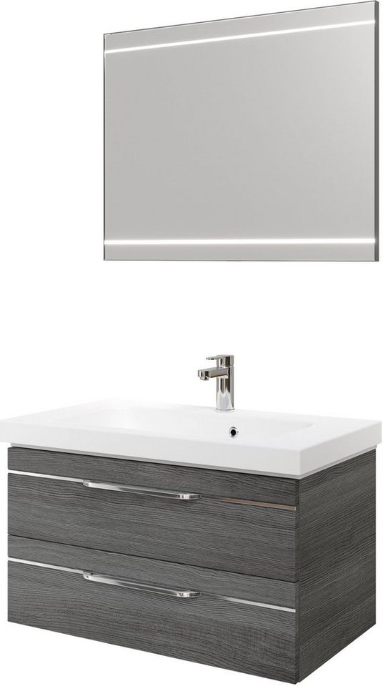 Saphir Badmöbel-Set Balto 2-teilig Mineralmarmor-Waschtisch mit LED-Spiegel, Waschplatz, (2-St), 92 cm breit, mit 2 Schubladen, Badschrank inkl. Schubladendämpfer von Saphir