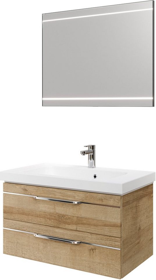 Saphir Badmöbel-Set Balto 2-teilig Mineralmarmor-Waschtisch mit LED-Spiegel, Waschplatz, (2-St), 92 cm breit, mit 2 Schubladen, Badschrank inkl. Schubladendämpfer von Saphir