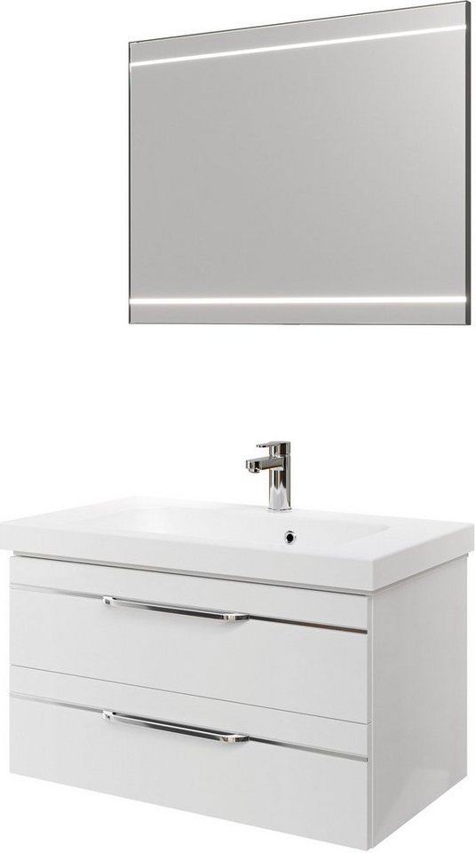 Saphir Badmöbel-Set Balto 2-teilig Mineralmarmor-Waschtisch mit LED-Spiegel, Waschplatz, (2-St), 92 cm breit, mit 2 Schubladen, Badschrank inkl. Schubladendämpfer von Saphir