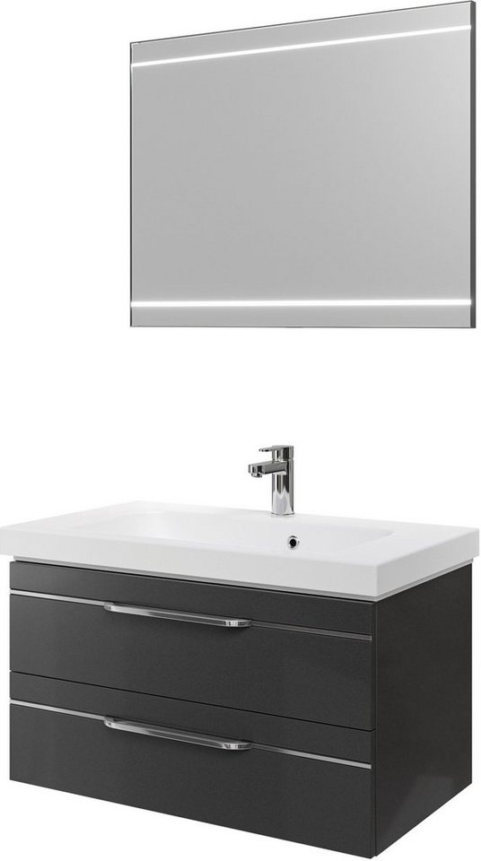 Saphir Badmöbel-Set Balto 2-teilig Mineralmarmor-Waschtisch mit LED-Spiegel, Waschplatz, (2-St), 92 cm breit, mit 2 Schubladen, Badschrank inkl. Schubladendämpfer von Saphir