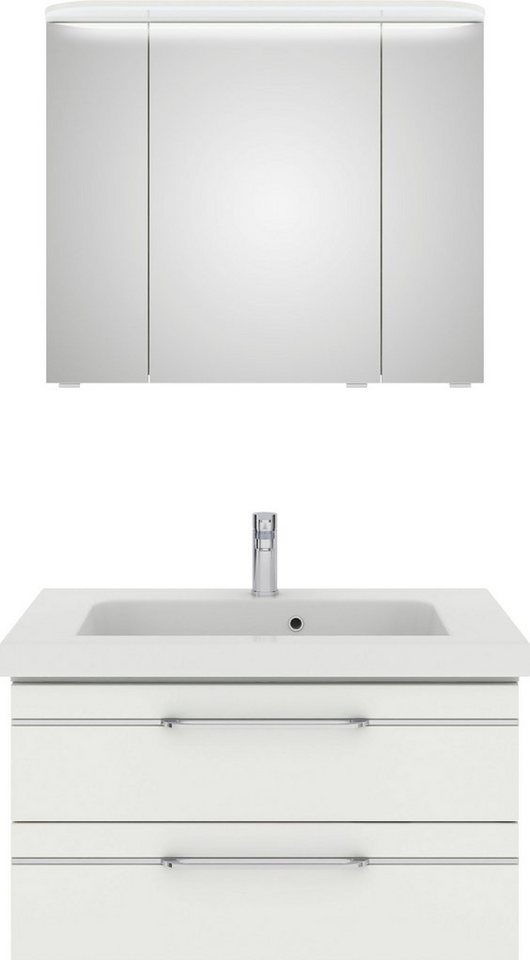 Saphir Badmöbel-Set Balto Sprint 2-teilig, Mineralmarmor-Waschtisch mit LED-Spiegelschrank, (2-St), Badezimmer Set 92 cm breit, inkl. Türdämpfer, 3 Türen, 2 Schubladen von Saphir