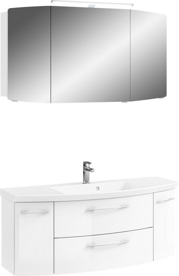 Saphir Badmöbel-Set Cassca Sprint 2-teilig Mineralmarmor-Waschtisch mit LED-Spiegelschrank, (2-St), Waschplatz 121 cm breit mit 5 Türen, 2 Schubladen, inkl. Türdämpfer von Saphir
