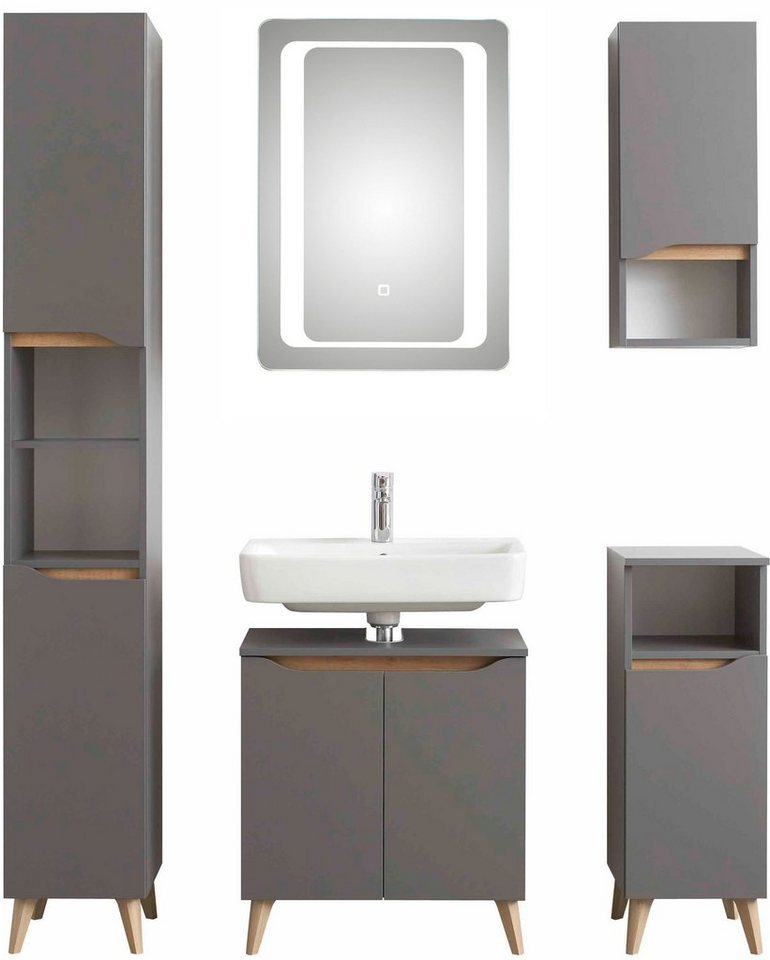 Saphir Badmöbel-Set Quickset 5-teilig Waschbeckenunterschrank mit LED-Spiegel, (5-St), Hochschrank, Unterschrank, Hängeschrank, inkl. Türdämpfer, 6 Türen von Saphir