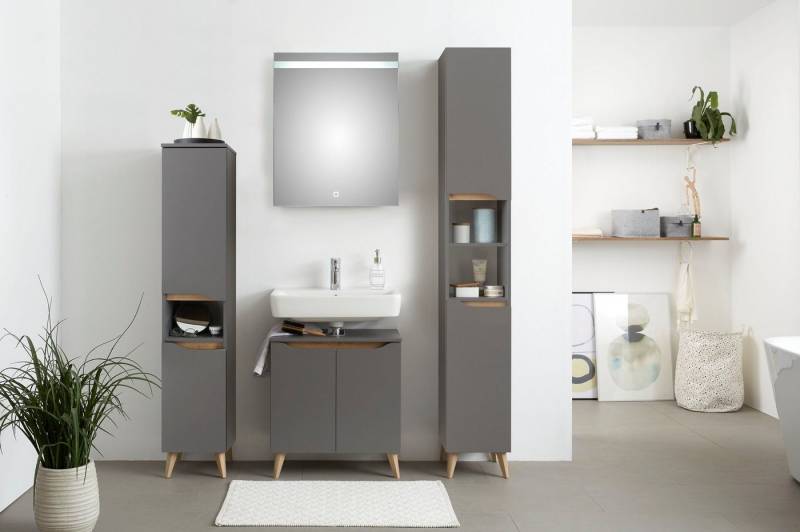 Saphir Badmöbel-Set Quickset 5-teilig, Waschbeckenunterschrank mit LED-Spiegel, (5-St), Hochschrank, Unterschrank, Hängeschrank, inkl. Türdämpfer, 6 Türen von Saphir
