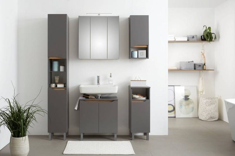 Saphir Badmöbel-Set Quickset 5-teilig, Waschbeckenunterschrank mit LED-Spiegelschrank, (5-St), Hochschrank, Unterschrank, Hängeschrank, inkl. Türdämpfer, 9 Türen von Saphir