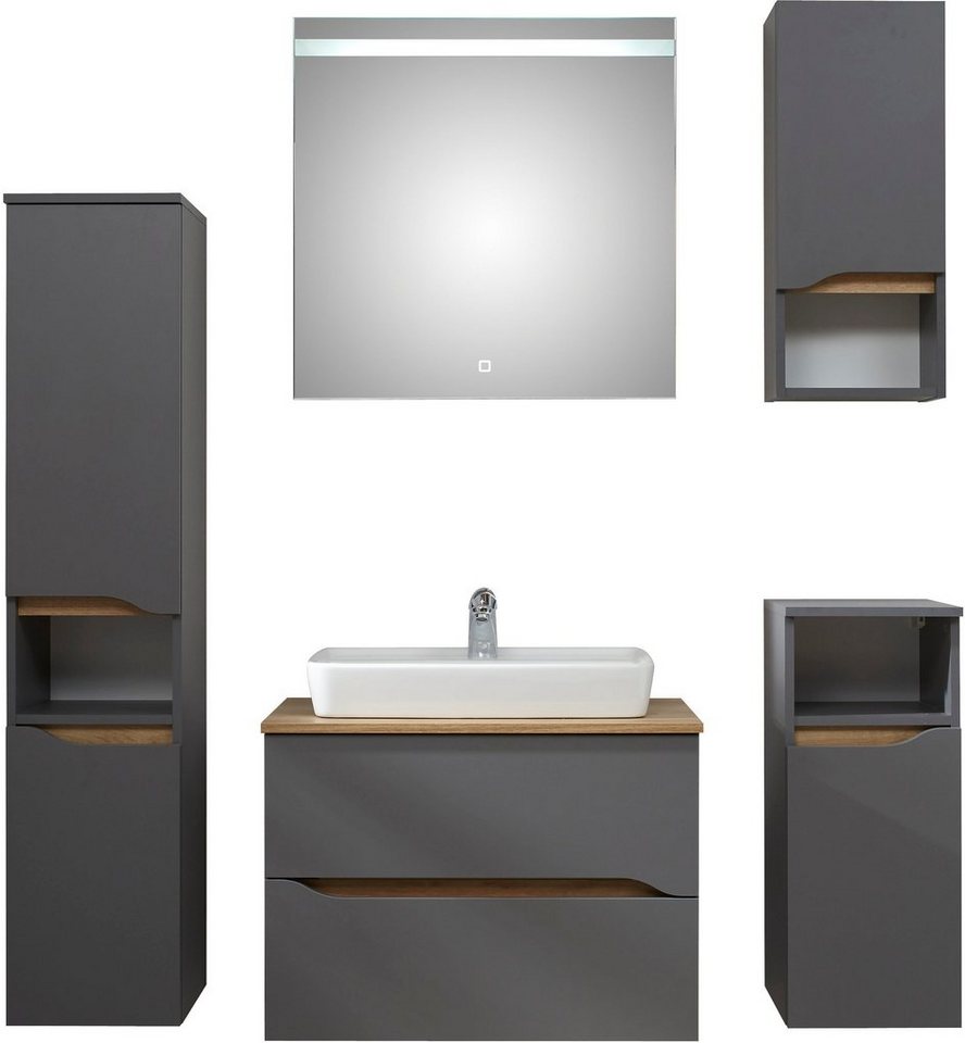 Saphir Badmöbel-Set Quickset 5-teilig, Keramik-Aufsatzbecken mit LED-Spiegel, (7-St), Midischrank, Unterschrank, Hängeschrank, inkl. Türdämpfer, 6 Türen von Saphir