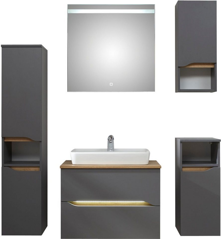 Saphir Badmöbel-Set Quickset 5-teilig, Keramik-Aufsatzbecken mit LED-Spiegel, (8-St), Midischrank, Unterschrank, Hängeschrank, inkl. Türdämpfer, 6 Türen von Saphir