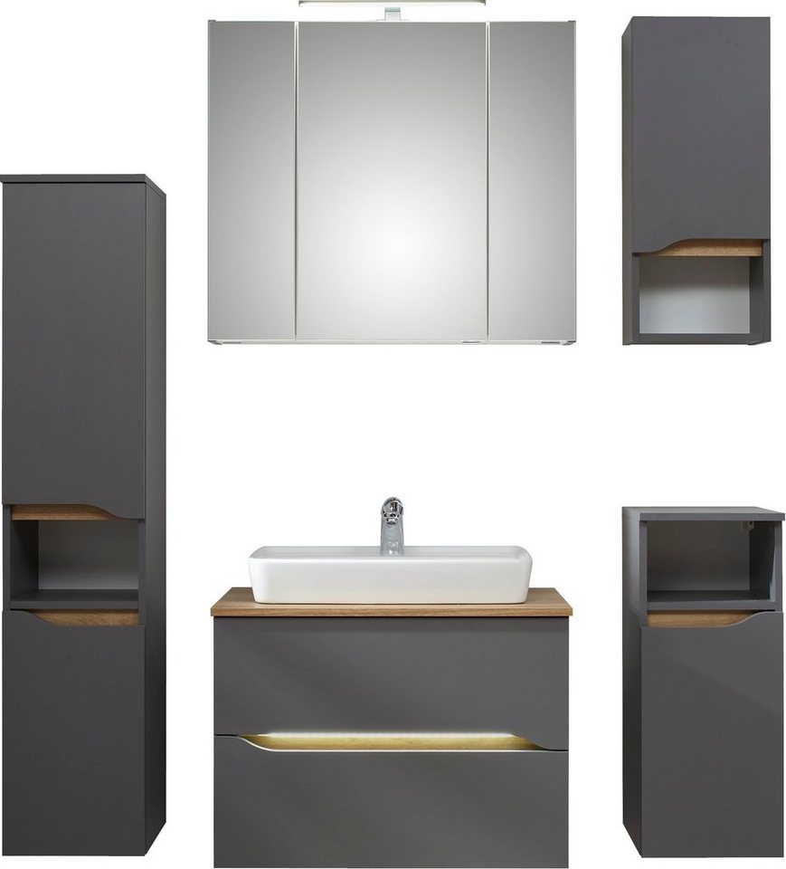 Saphir Badmöbel-Set Quickset 5-teilig, Keramik-Aufsatzbecken und LED-Spiegelschrank, (8-St), Midischrank, Unterschrank, Hängeschrank, inkl. Türdämpfer, 7 Türen von Saphir