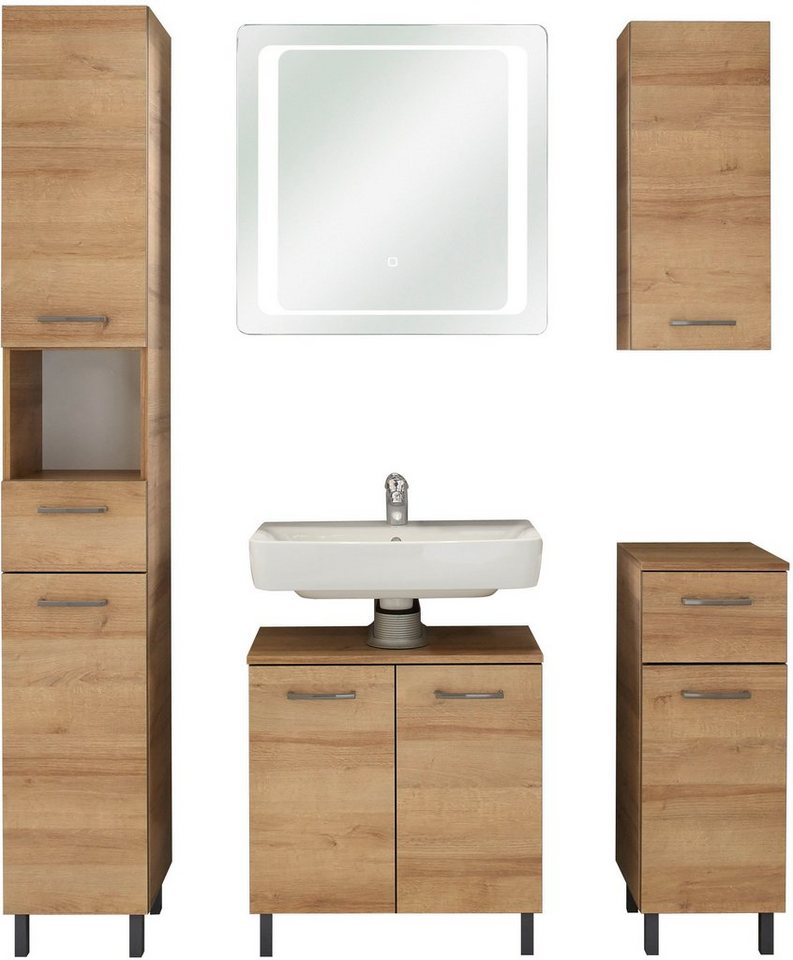 Saphir Badmöbel-Set Quickset 919 5-teilig, Waschbeckenunterschrank mit LED-Spiegel, (5-St), Hochschrank, Unterschrank, Hängeschrank, inkl. Türdämpfer, 6 Türen von Saphir