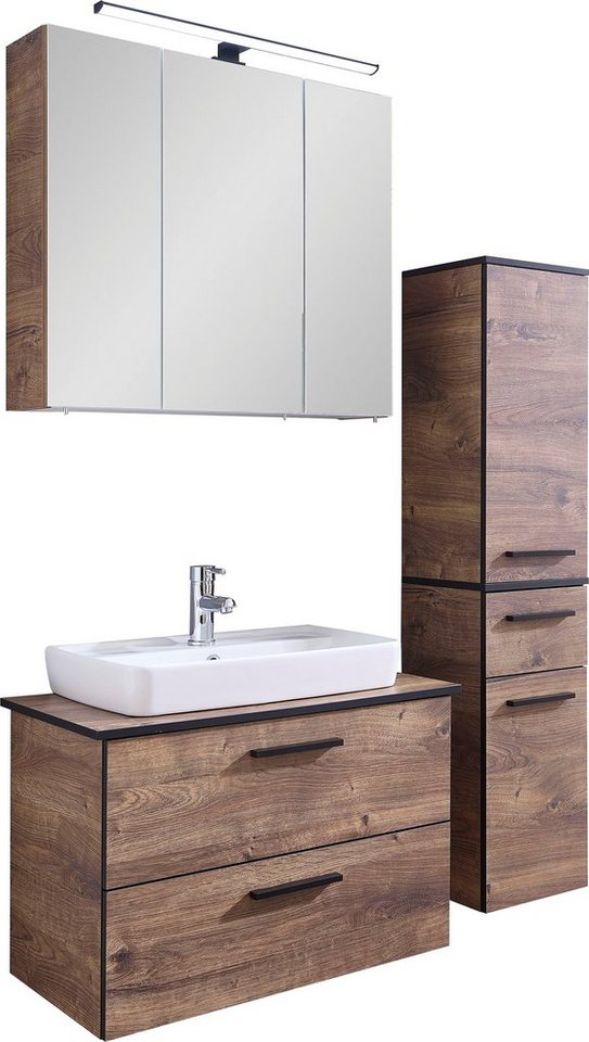 Saphir Badmöbel-Set Quickset 374 3-teilig, Keramik-Aufsatzbecken und LED-Spiegelschrank, (6-St), Midischrank, inkl. Türdämpfer, 5 Türen, 3 Schubladen, Bad-Set von Saphir