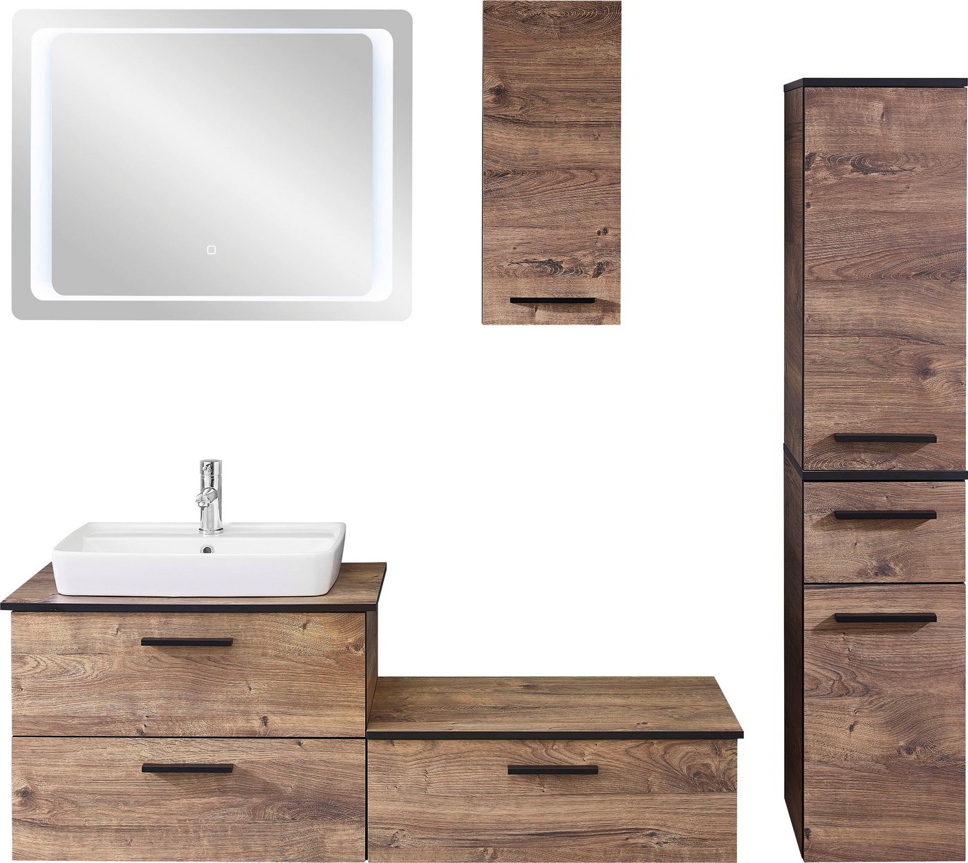 Saphir Badmöbel-Set Quickset 374 6-teilig Keramik-Aufsatzbecken mit LED-Spiegel, (8-St), Unterschrank, Midischrank, Hängeschrank, inkl. Türdämpfer, 3 Türen von Saphir