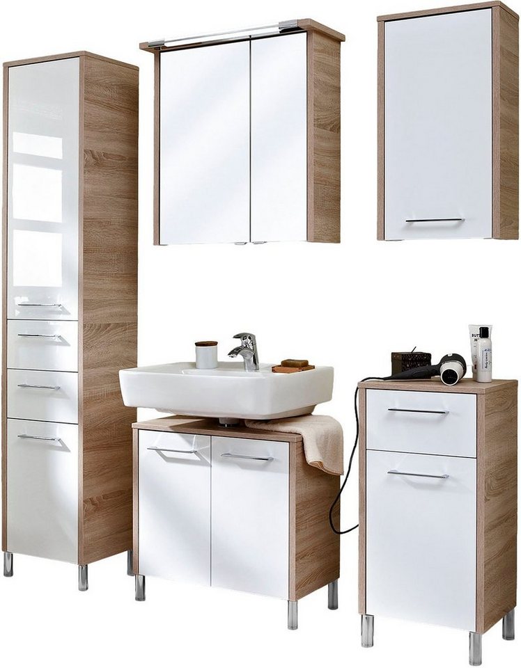 Saphir Badmöbel-Set Quickset 382 5-teilig, Waschbeckenunterschrank mit LED-Spiegelschrank, (11-St), Hochschrank, Unterschrank, Hängeschrank, inkl. Türdämpfer, 8 Türen von Saphir
