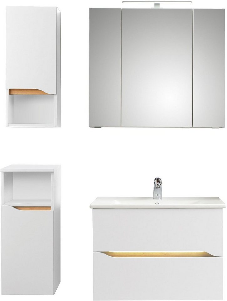 Saphir Badmöbel-Set Quickset 4-teilig, Keramik-Waschtisch und LED-Spiegelschrank, (6-St), Unterschrank, Hängeschrank, inkl. Türdämpfer, 5 Türen, 2 Schubladen von Saphir