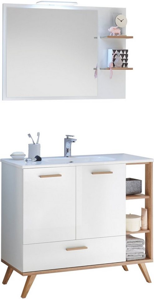 Saphir Badmöbel-Set Quickset Mineralmarmor-Waschtisch mit LED-Spiegel, 101 cm breit, (4-St), Waschplatz, 2 Türen, 1 Schublade, seitliche Ablagen, Bad-Set von Saphir