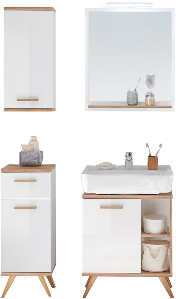 Saphir Badmöbel-Set Quickset 4-teilig, Waschbeckenunterschrank mit LED-Spiegel, (5-St), Unterschrank, Hängeschrank, inkl. Türdämpfer, 3 Türen, 1 Schublade von Saphir