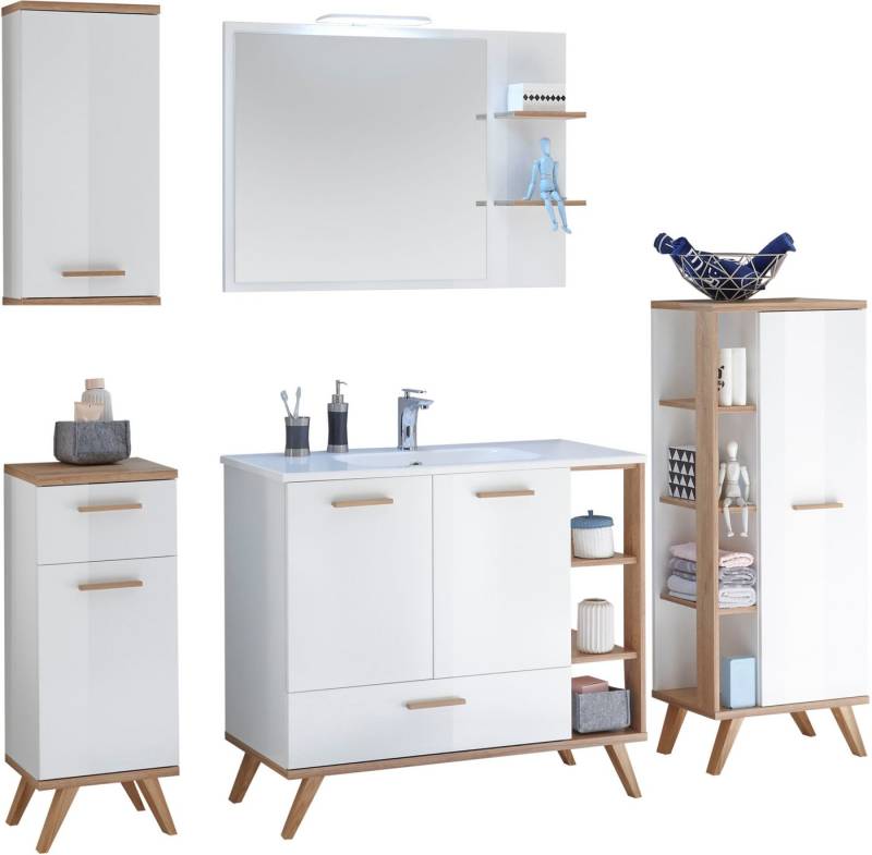 Saphir Badmöbel-Set Quickset Mineralmarmor-Waschtisch mit LED-Spiegel, Unterschrank, (7-St), Hängeschrank, Midischrank, 5 Türen, 2 Schubladen, 7 Glas-Einlegeböden von Saphir