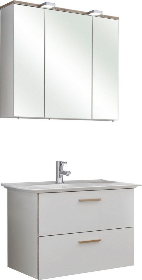 Saphir Badmöbel-Set Quickset 931 2-teilig, Keramikwaschtisch mit LED-Spiegelschrank, (Set, 2-St), Waschplatz 80 cm breit, inkl Türdämpfer, 3 Spiegel-Türen, 2 Schubladen von Saphir