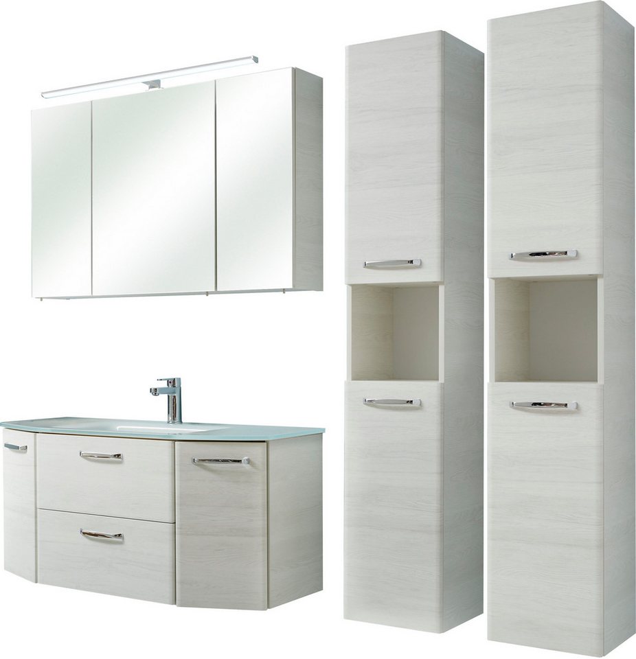 Saphir Badmöbel-Set Quickset 936 4-teilig, Glaswaschtisch und LED-Spiegelschrank, (Set, 4-St), 2 Hochschränke, Eiche Weiß quer Nachbildung, inkl. Türdämpfer, 9 Türen von Saphir