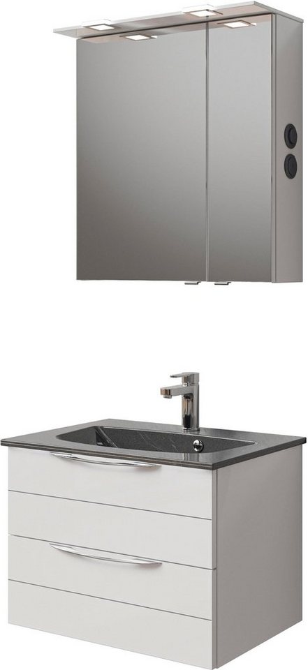 Saphir Badmöbel-Set Serie 6025 2-teilig Mineralmarmor-Waschtisch mit LED-Spiegelschrank, (2-St), Waschplatz 67 cm breit, 2 Schubladen, 2 Spiegel-Türen, inkl Türdämpfer von Saphir